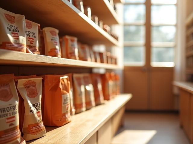Artisan dog food display in a boutique pet shop